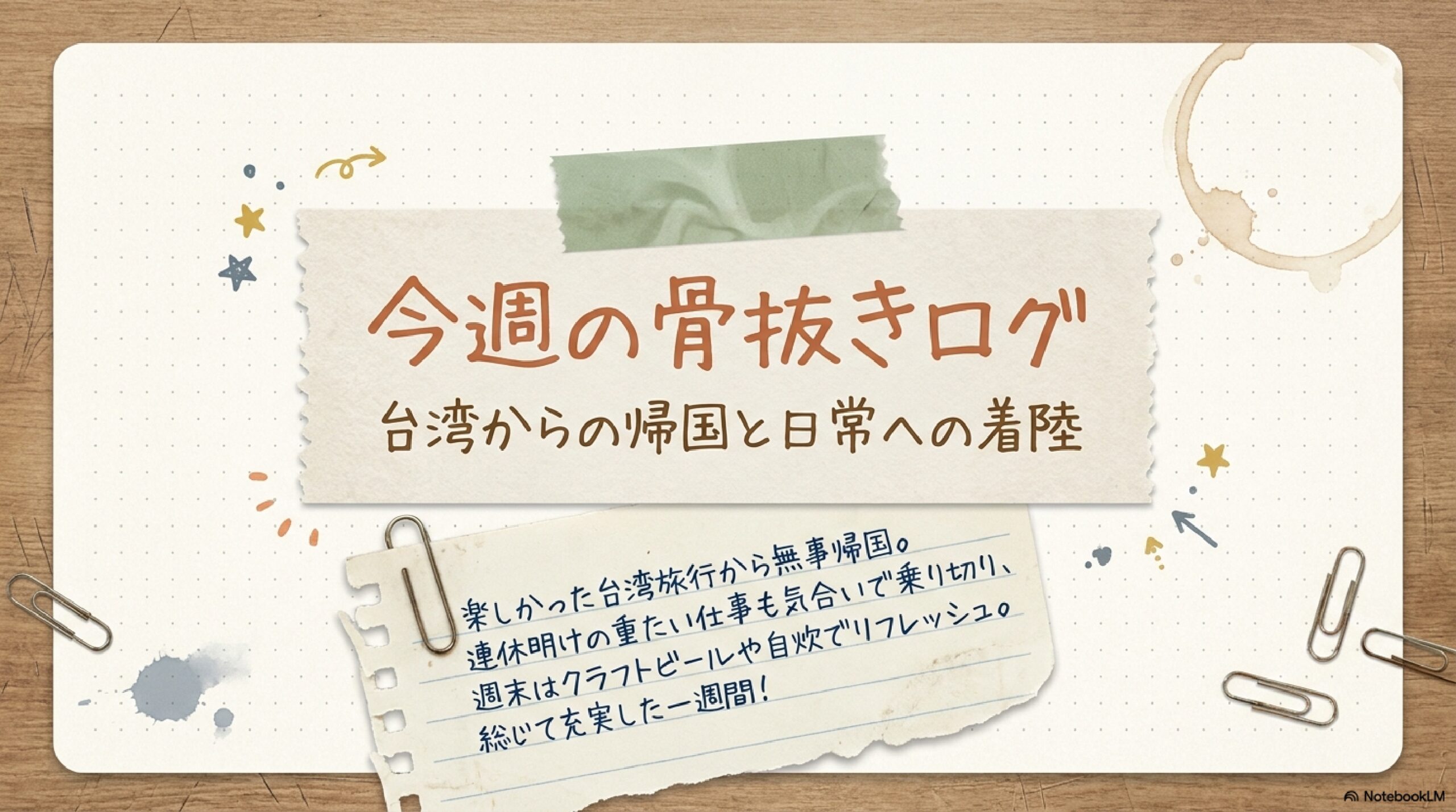 台湾からの帰国とスマホ復旧！連休明けの仕事も気合いで乗り切った一週間——今週の骨抜きログ