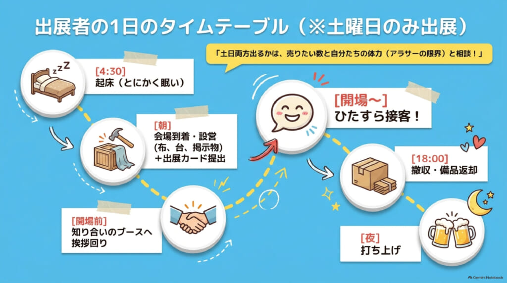 ゲムマ出展当日:出展者の1日のタイムテーブル。4時半起床から設営、挨拶回り、接客、18時の撤収、打ち上げまで