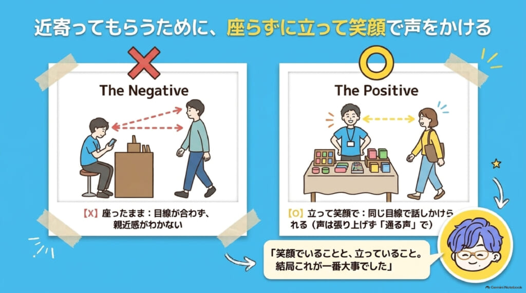 ゲムマ出展当日:座ったままより、立って笑顔で同じ目線から声をかけるほうが近寄ってもらいやすい