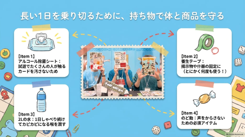 ゲムマ出展当日:あって助かった持ち物。アルコール除菌シート、養生テープ、2Lの水、のど飴