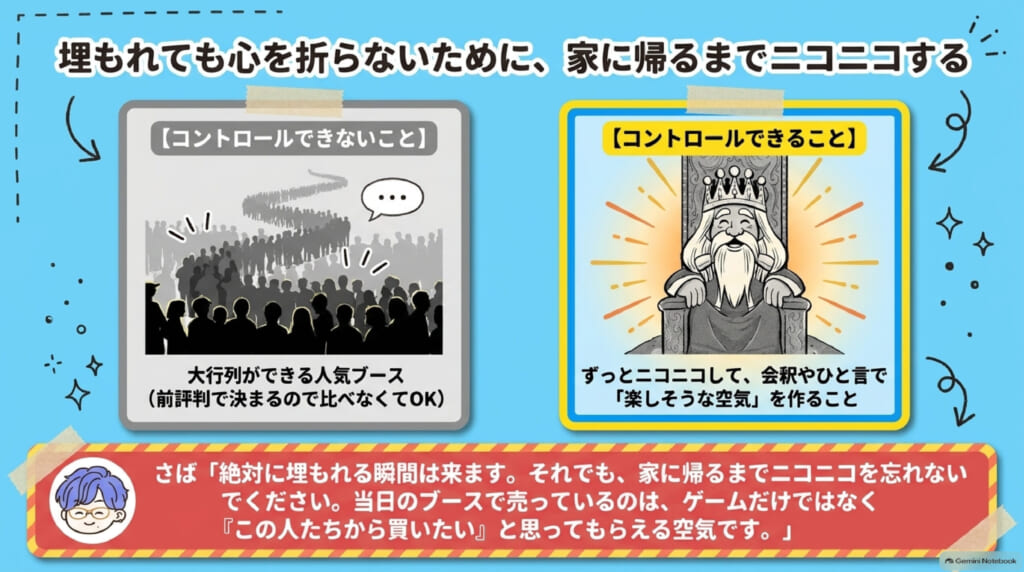 ゲムマ出展当日:人気ブースとは比べず、家に帰るまでニコニコして楽しそうな空気を作る