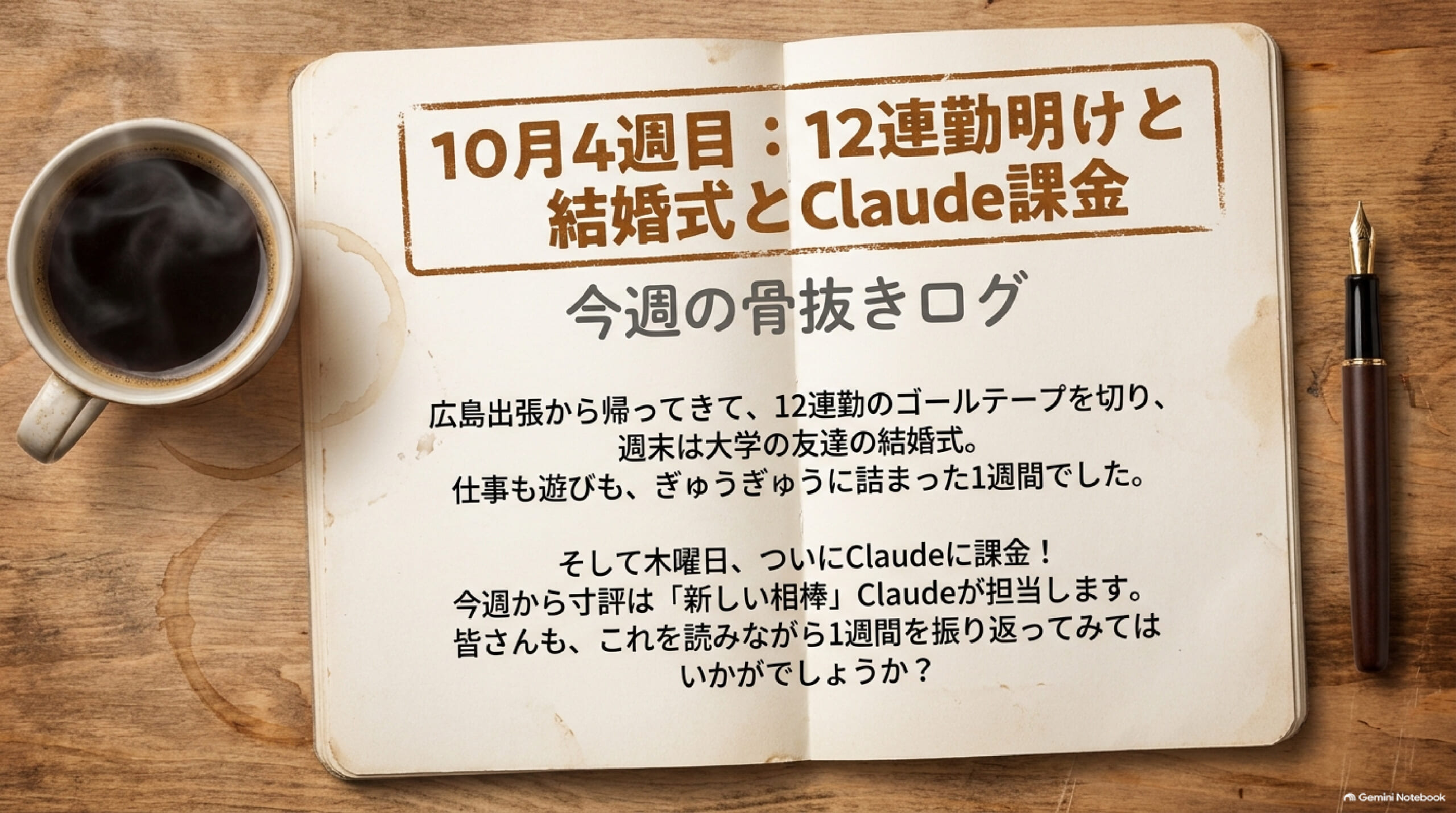 10月4週目:12連勤明けと結婚式とClaude課金ー今週の骨抜きログ
