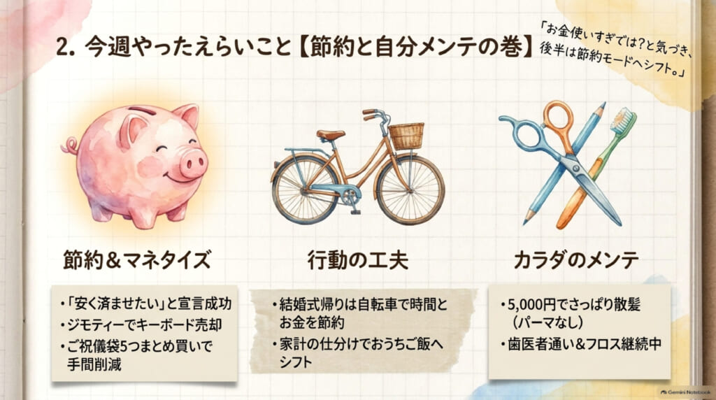 今週の骨抜きログ 10月4週目:今週やったえらいこと【節約と自分メンテの巻】。たまっていた仕分け、5,000円の散髪、歯医者とフロス、安く済ませたいと言えた夜ご飯、ご祝儀袋5つのまとめ買い、自転車で帰宅、ジモティーでキーボードが売れた