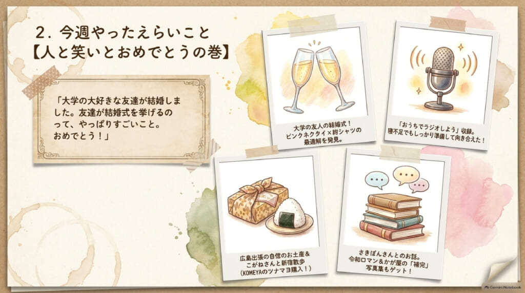今週の骨抜きログ 10月4週目:今週やったえらいこと【人と笑いとおめでとうの巻】。新幹線で広島のお惣菜、自信のあるお土産、補完の写真集、ピンクのネクタイと紺のシャツ、友達の結婚式、おうちでラジオしよう収録、新宿散歩とKOMEYA