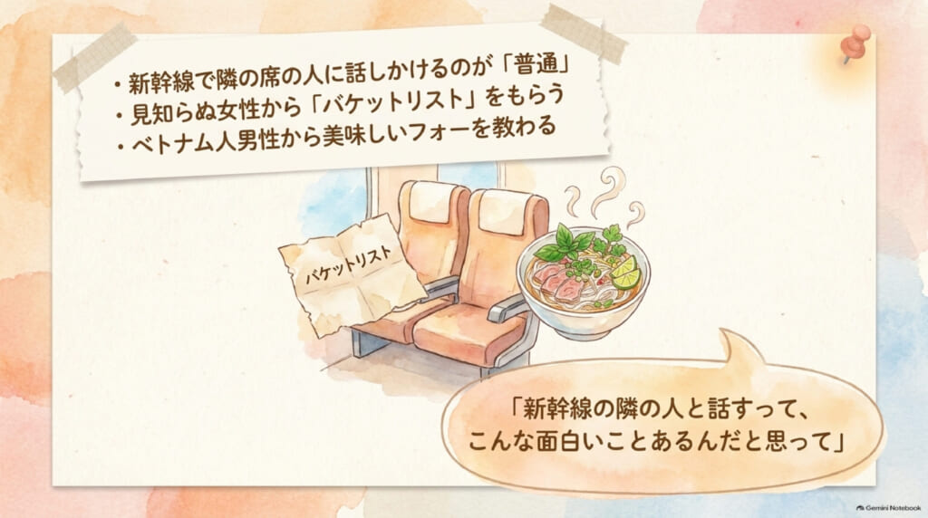 おうちでラジオしよう第44回:大晦日の新幹線で隣の女性からバケットリストを渡されたさば。ベトナム人男性からはフォーを教わる